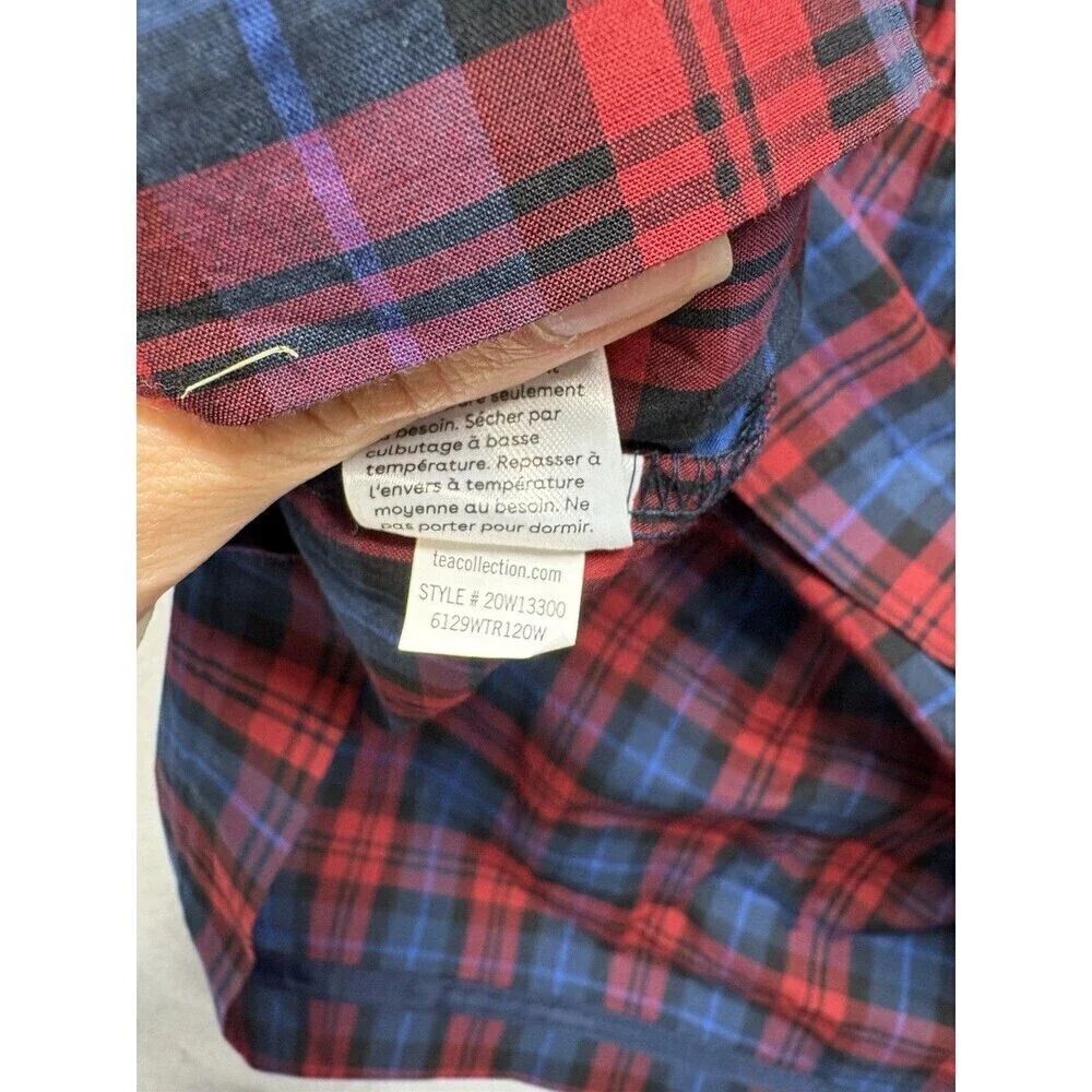 TEA COLLECTION Ruffled Shoulder Plaid Dress Blue Red NWT Girls Size 12 3/4 Sleev